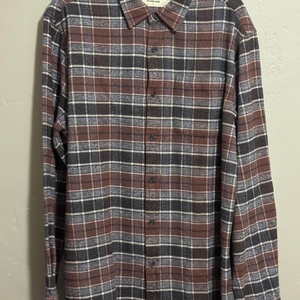 The Normal Brand Mens Flannel Shirt Large Beige Tan Black Plaid NWT